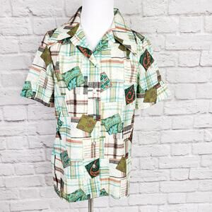 Vintage '70s Bradley Knitwear Green Plaid Patchwork Print Button Down Top Size M